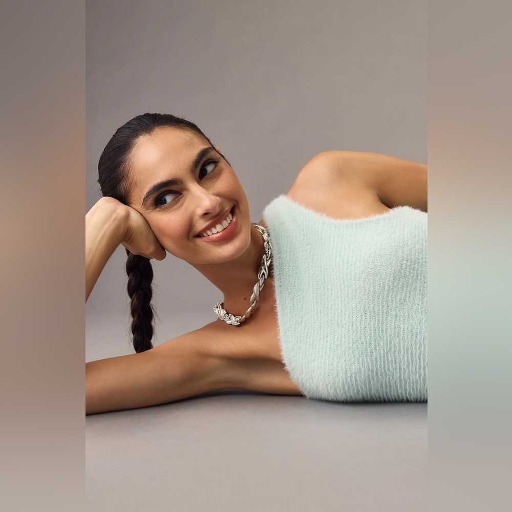 Anthropologie One-Shoulder Light Mint Blue Eyelash Sweater Tank - Picture 2 of 9